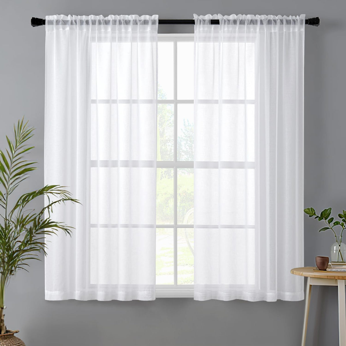 MIULEE Semi White Linen Textured Sheer Curtains 42W×84L Rod Pocket 2 Panels | Semi Transparent, Farmhouse, Window Net Panels with Rod Pocket for Bedroom Living Room