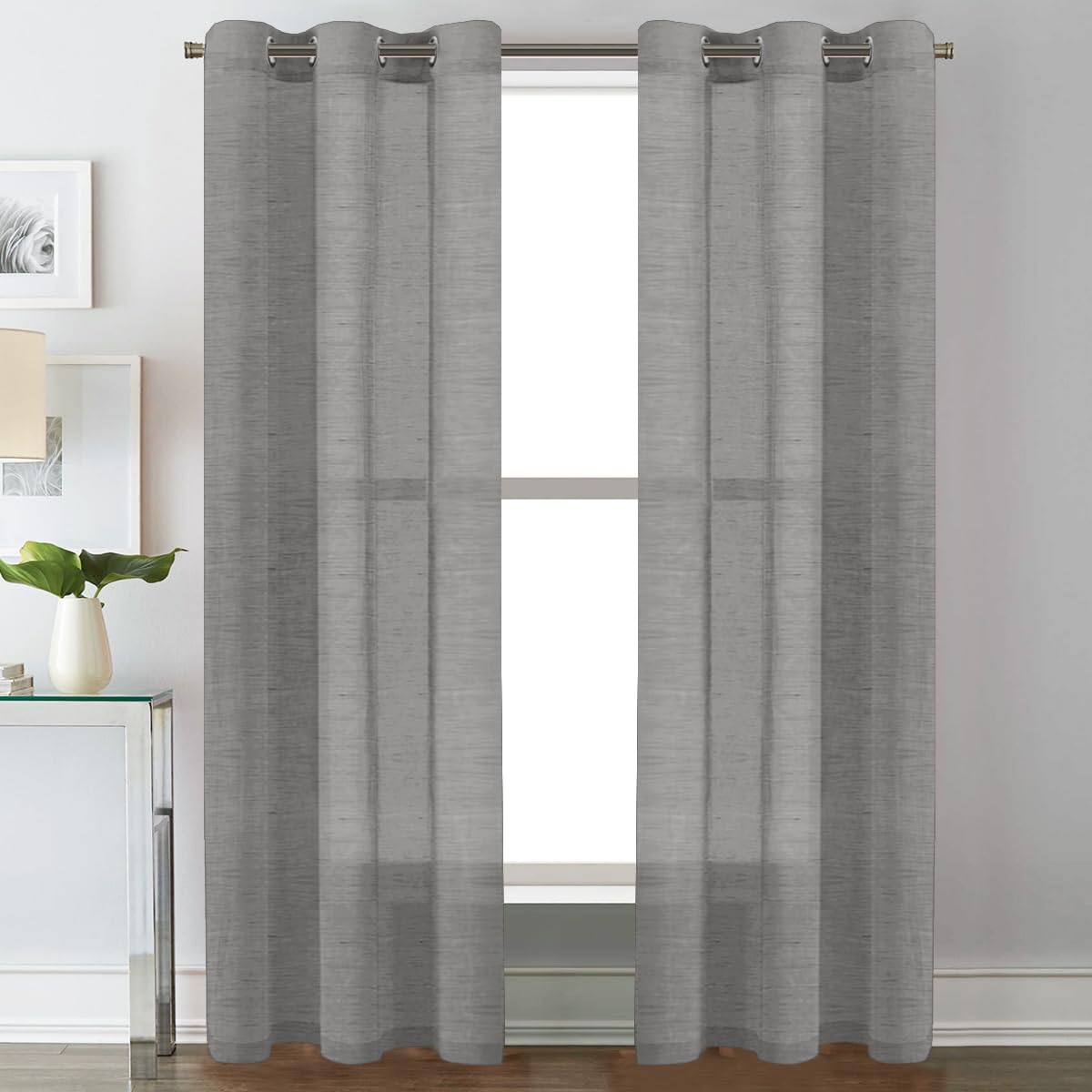 H.VERSAILTEX Natural Linen Sheer Curtains Flax Linen Blended Curtain Panels Living Room, Nickel Grommet Semitransparent Semi-Sheer Soft Privacy Drapes, Natural, 84 inches Long 2 Panels