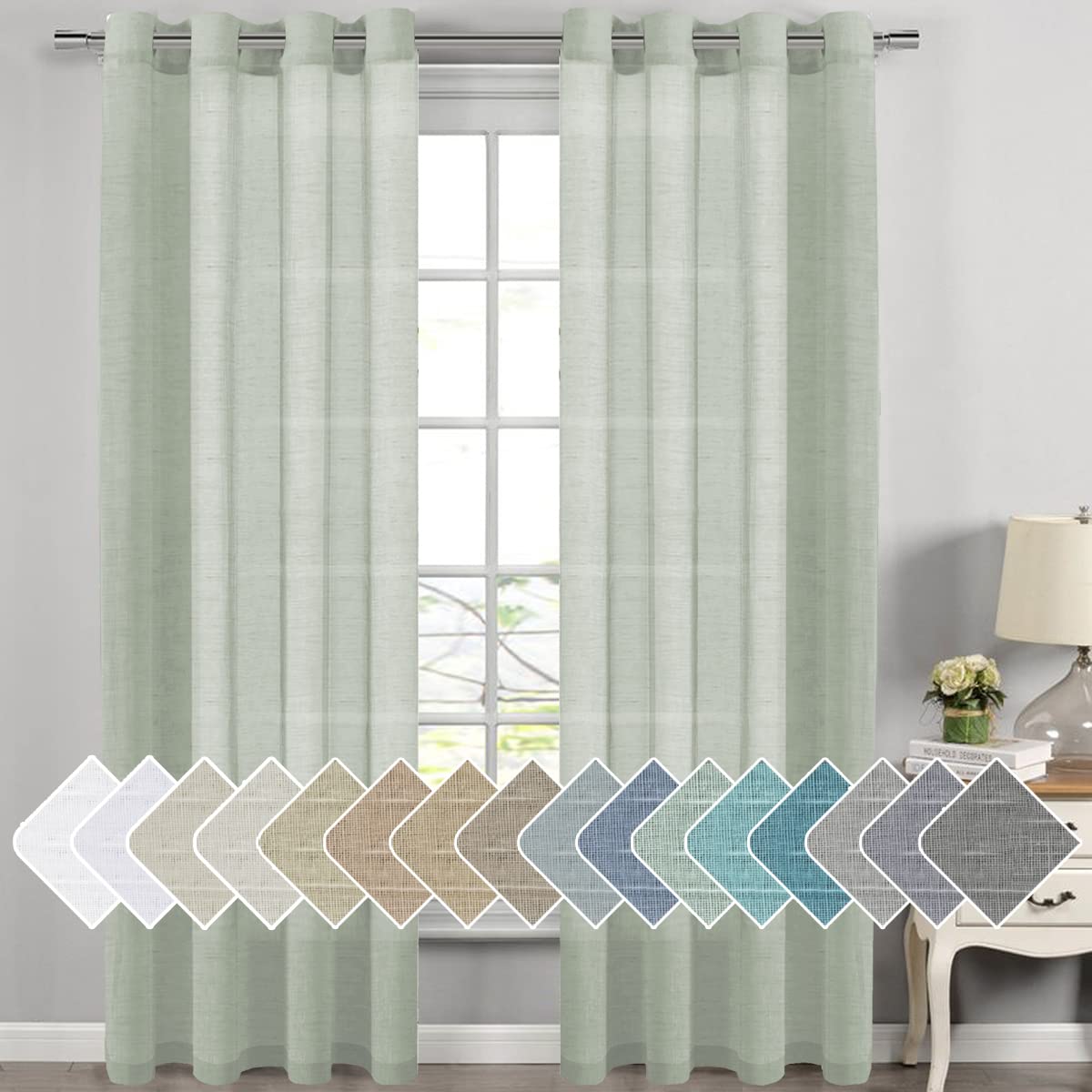 H.VERSAILTEX Natural Linen Sheer Curtains Flax Linen Blended Curtain Panels Living Room, Nickel Grommet Semitransparent Semi-Sheer Soft Privacy Drapes, Natural, 84 inches Long 2 Panels