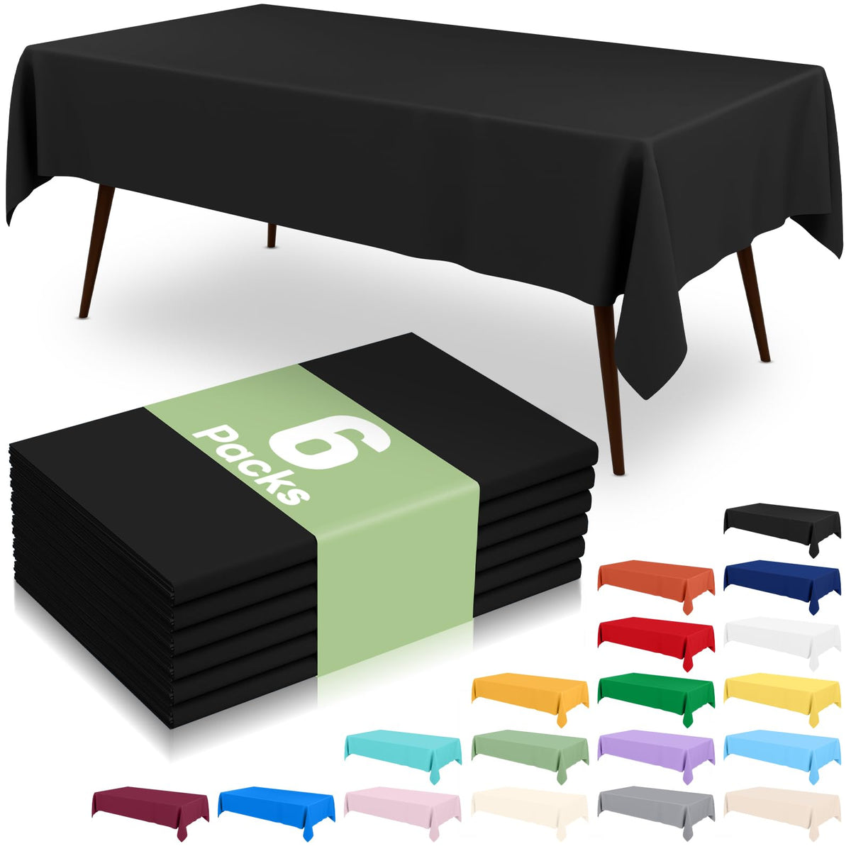 6 Packs Disposable Plastic Table Cloth, 54 x 108 Inch Waterproof Rectangle Tablecloth, Leakproof & Sturdy Decorative Table Covers for Party, Outdoor and Back to School, Black
