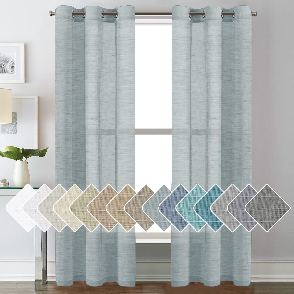 H.VERSAILTEX Natural Linen Sheer Curtains Flax Linen Blended Curtain Panels Living Room, Nickel Grommet Semitransparent Semi-Sheer Soft Privacy Drapes, Natural, 84 inches Long 2 Panels
