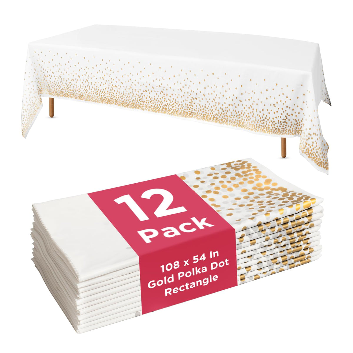 Prestee 12-Pack White and Gold Tablecloth - 54x108 Inch - Disposable Table Covers for Party, Weddings, and Holidays - Waterproof Christmas Tablecloth, Stain-Resistant Plastic Table Cover Set