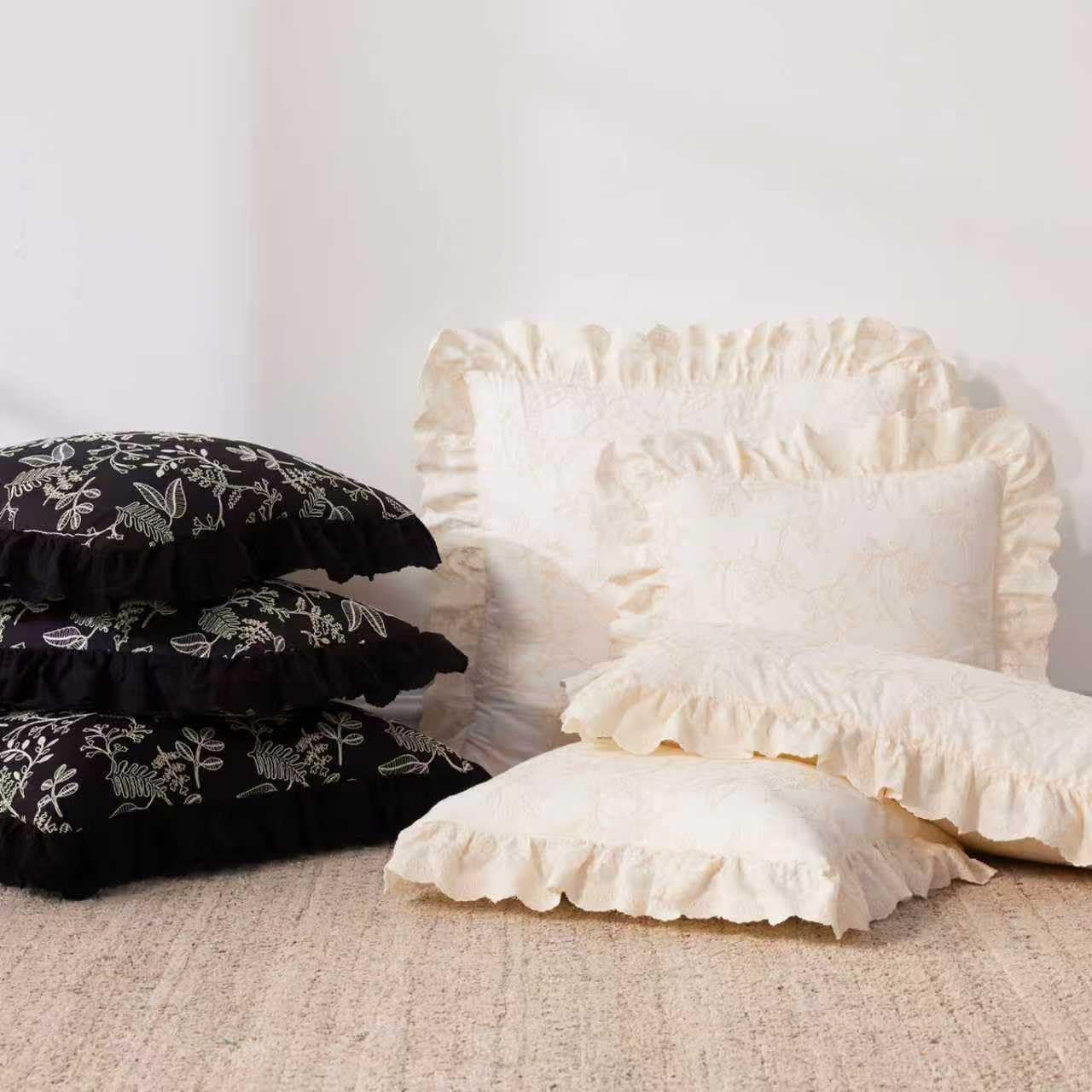 HAUSFRAU 18x18 Throw Pillow Covers Pillowcase Set of 2, French Style Cream | Floral Embroidered & Lace Ruffle Trim Chic Decorative Square Pillowcase Pillow Sham for Sofa, Couch, Wedding, Square