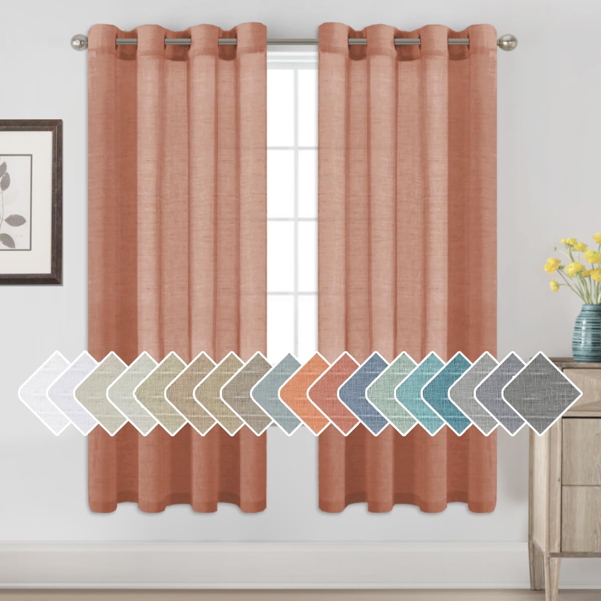 H.VERSAILTEX Natural Linen Sheer Curtains Flax Linen Blended Curtain Panels Living Room, Nickel Grommet Semitransparent Semi-Sheer Soft Privacy Drapes, Natural, 84 inches Long 2 Panels