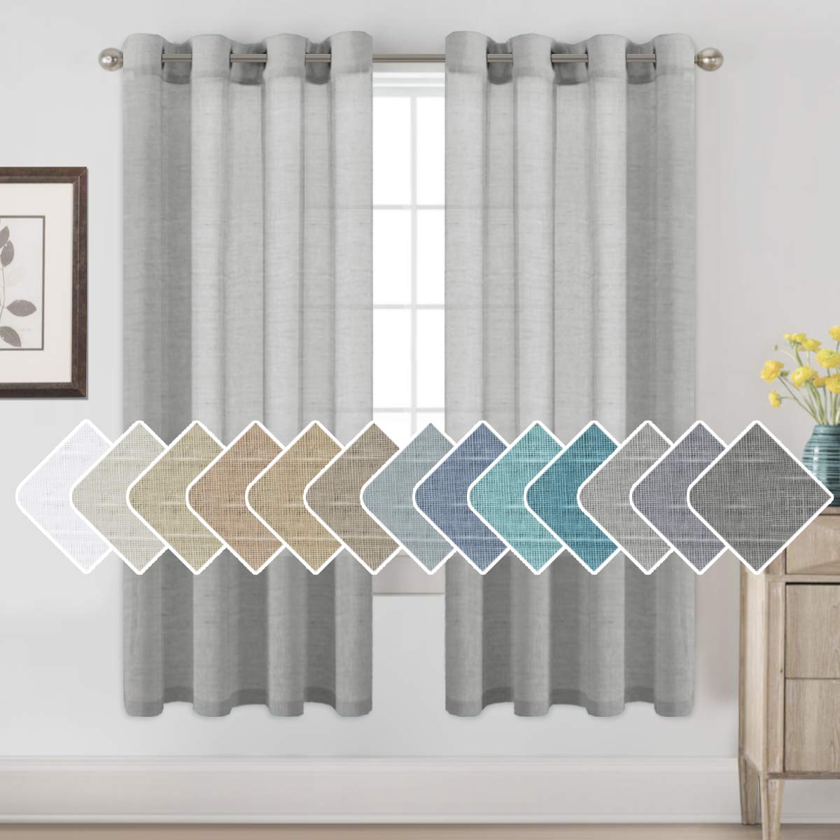 H.VERSAILTEX Natural Linen Sheer Curtains Flax Linen Blended Curtain Panels Living Room, Nickel Grommet Semitransparent Semi-Sheer Soft Privacy Drapes, Natural, 84 inches Long 2 Panels