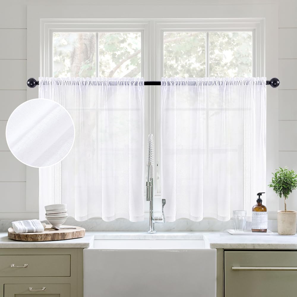 MIULEE Semi White Linen Textured Sheer Curtains 42W×84L Rod Pocket 2 Panels | Semi Transparent, Farmhouse, Window Net Panels with Rod Pocket for Bedroom Living Room