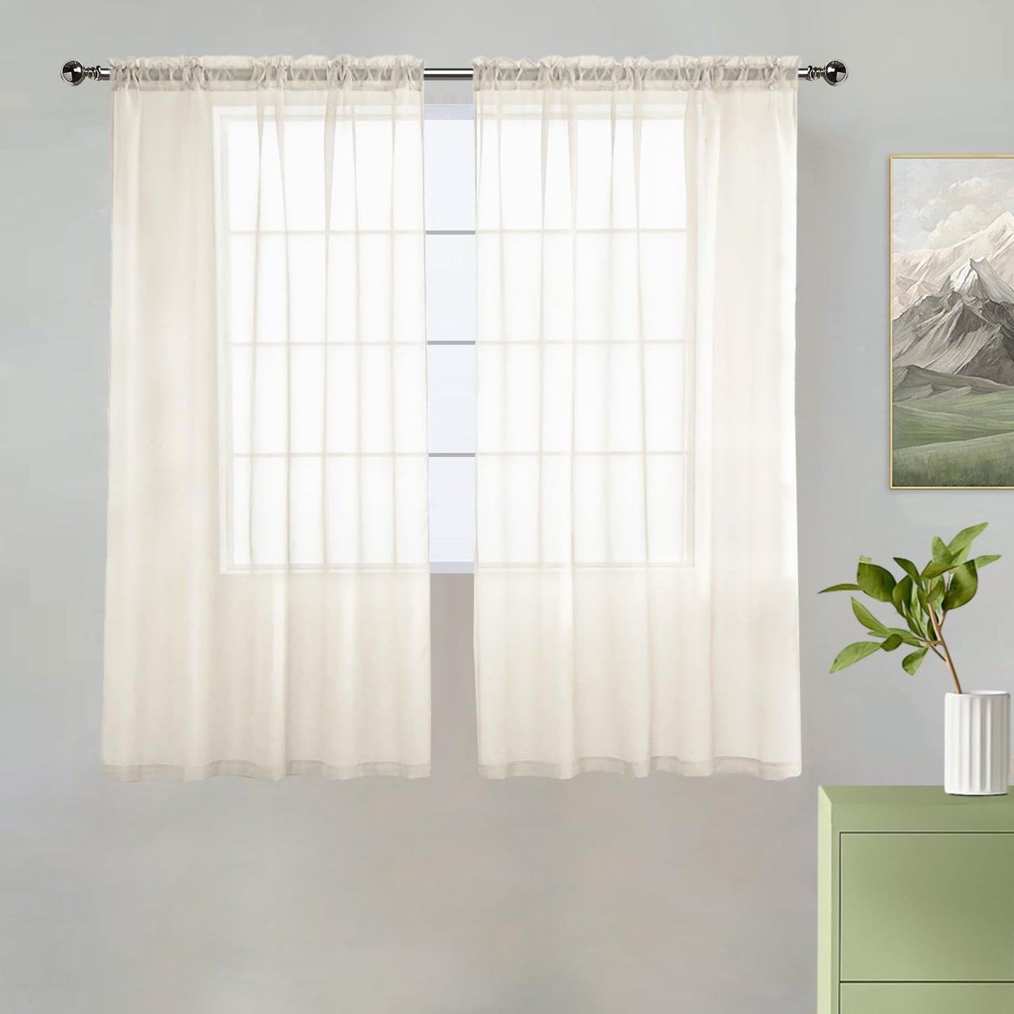 youleyar Solid Sheer Rod Pocket Curtain Voile Draperies 2 Panels White Beige Black Grey Coffee 52 Inch Width 84 Inch Long 1 Pair for Kitchen Bedroom Children Living Room Yard (Ivory,52W ｘ 84L)