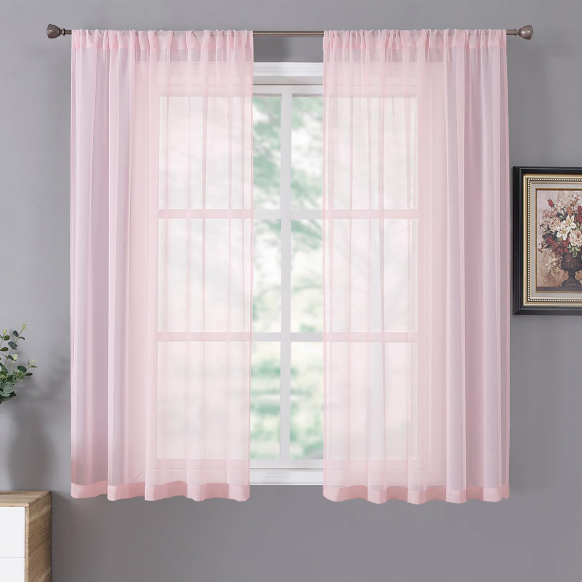 Tollpiz Sheer Curtains Living Room Linen Textured Curtain Sheers Light Filtering Voile Rod Pocket Curtains for Bedroom, 38 x 63 inches Long, White, Set of 2 Panels