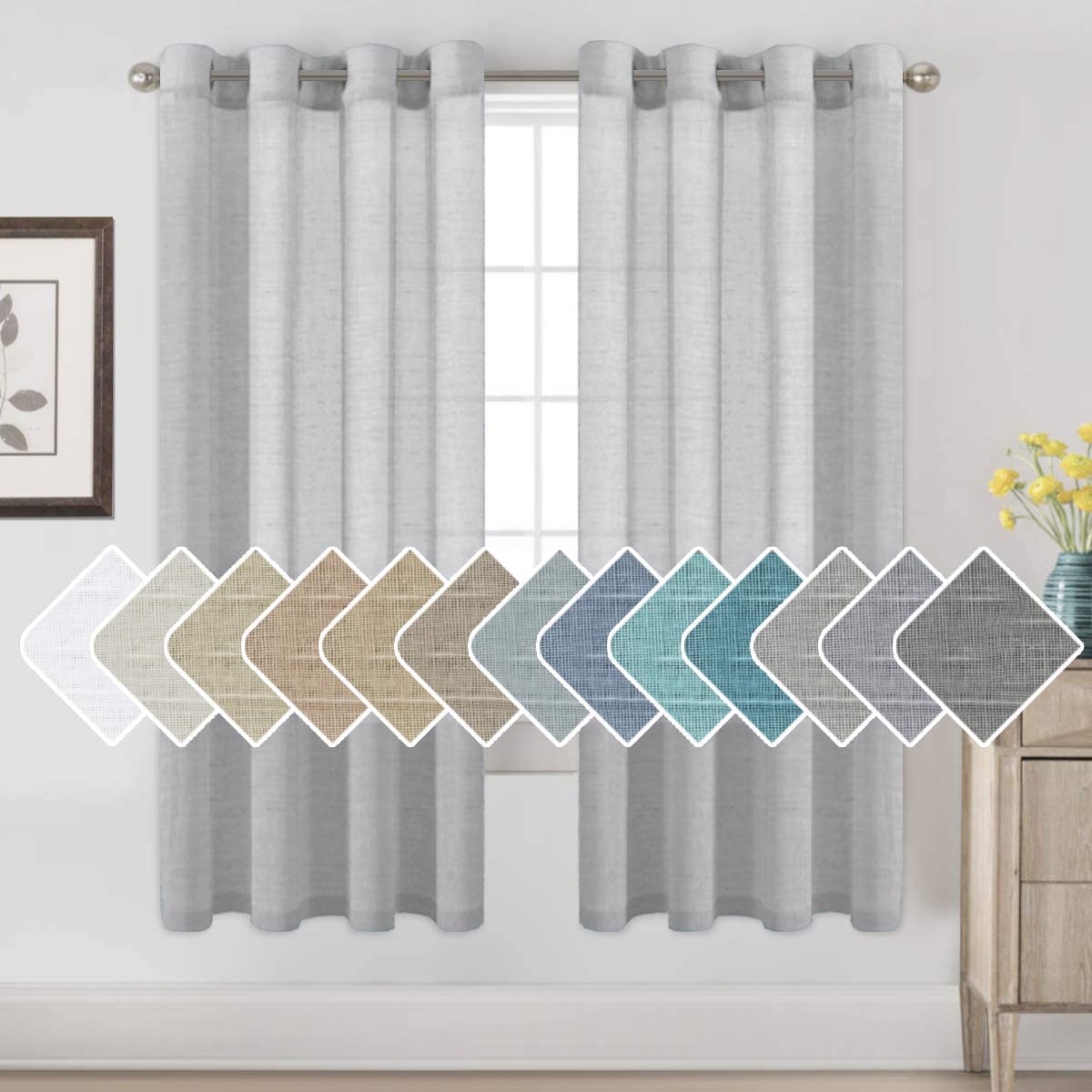 H.VERSAILTEX Natural Linen Sheer Curtains Flax Linen Blended Curtain Panels Living Room, Nickel Grommet Semitransparent Semi-Sheer Soft Privacy Drapes, Natural, 84 inches Long 2 Panels