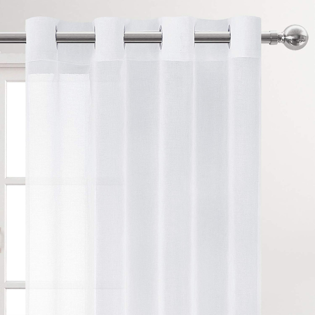 DWCN White Sheer Curtains Linen Look Semi Transparent Voile Grommet White Curtains for Living Dining Room Drapes 52 x 84 Inch Long, Set of 2 Panels