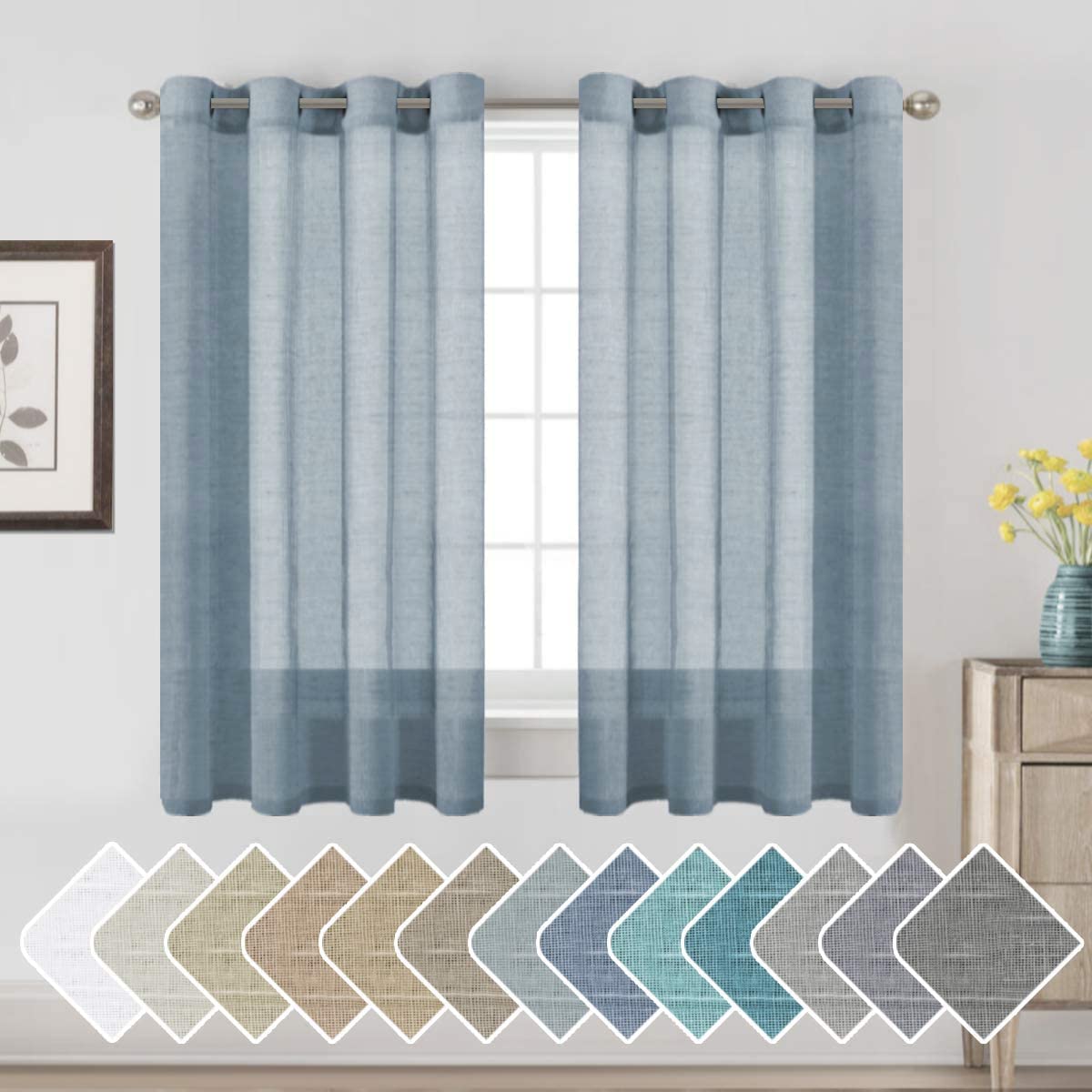 H.VERSAILTEX Natural Linen Sheer Curtains Flax Linen Blended Curtain Panels Living Room, Nickel Grommet Semitransparent Semi-Sheer Soft Privacy Drapes, Natural, 84 inches Long 2 Panels