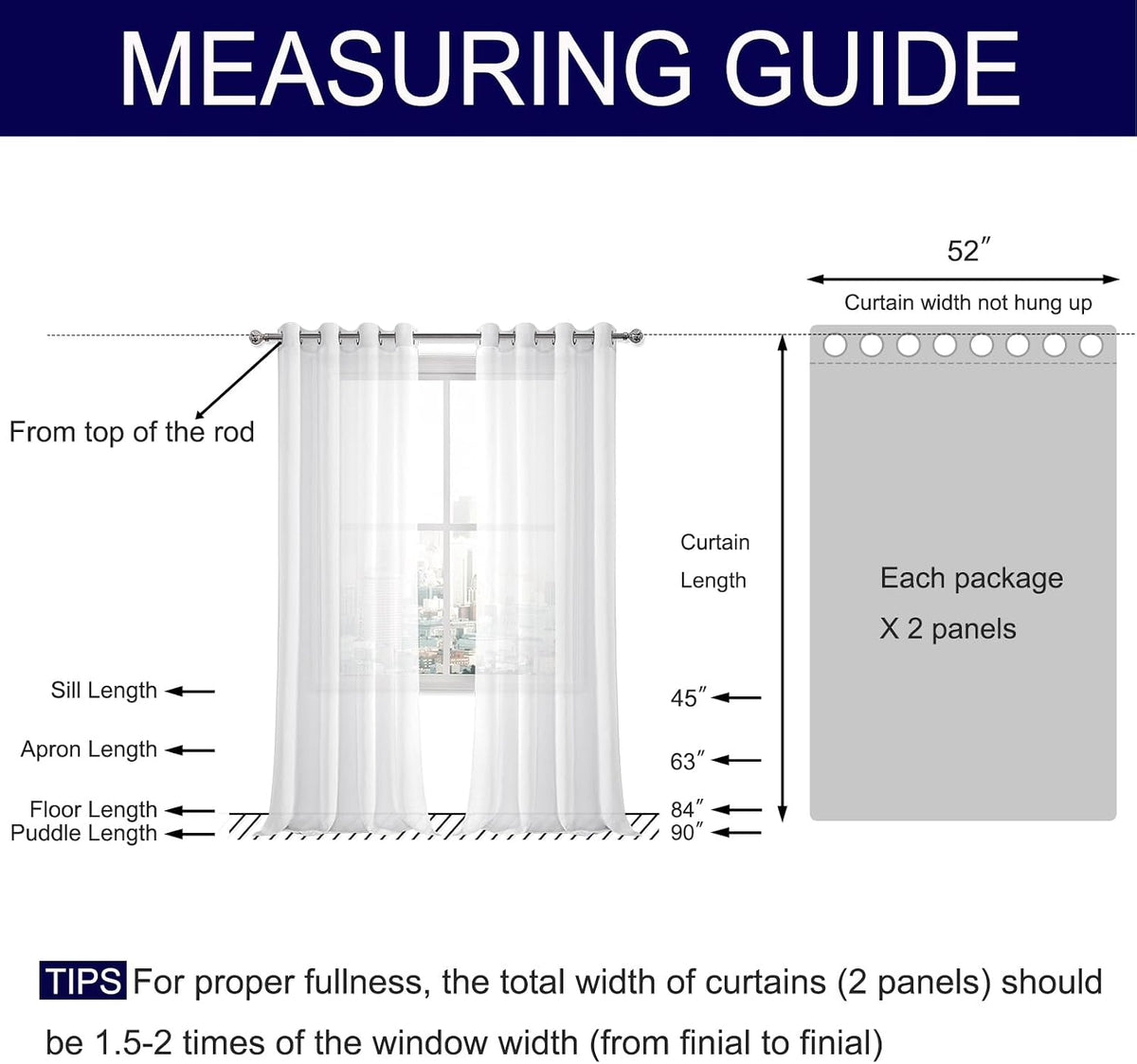 DWCN White Sheer Curtains Linen Look Semi Transparent Voile Grommet White Curtains for Living Dining Room Drapes 52 x 84 Inch Long, Set of 2 Panels