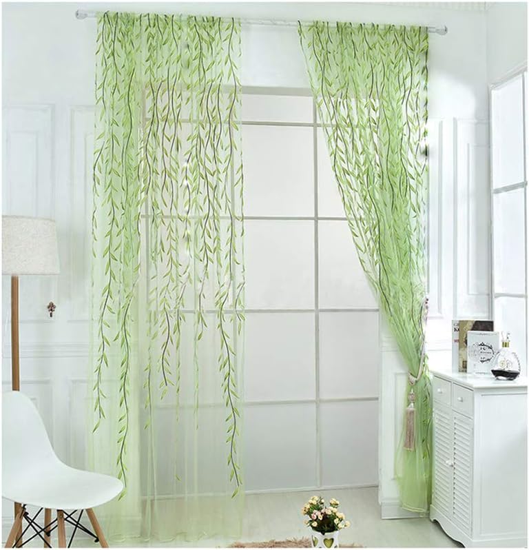 Ufurty 2pcs Willow Leaf Window Curtain Voile Tulle Vine Sheer Curtains | Room Salix Leaf Sheer Gauze Panel Drapes Green Color for Living Room, Bedroom, Balcony