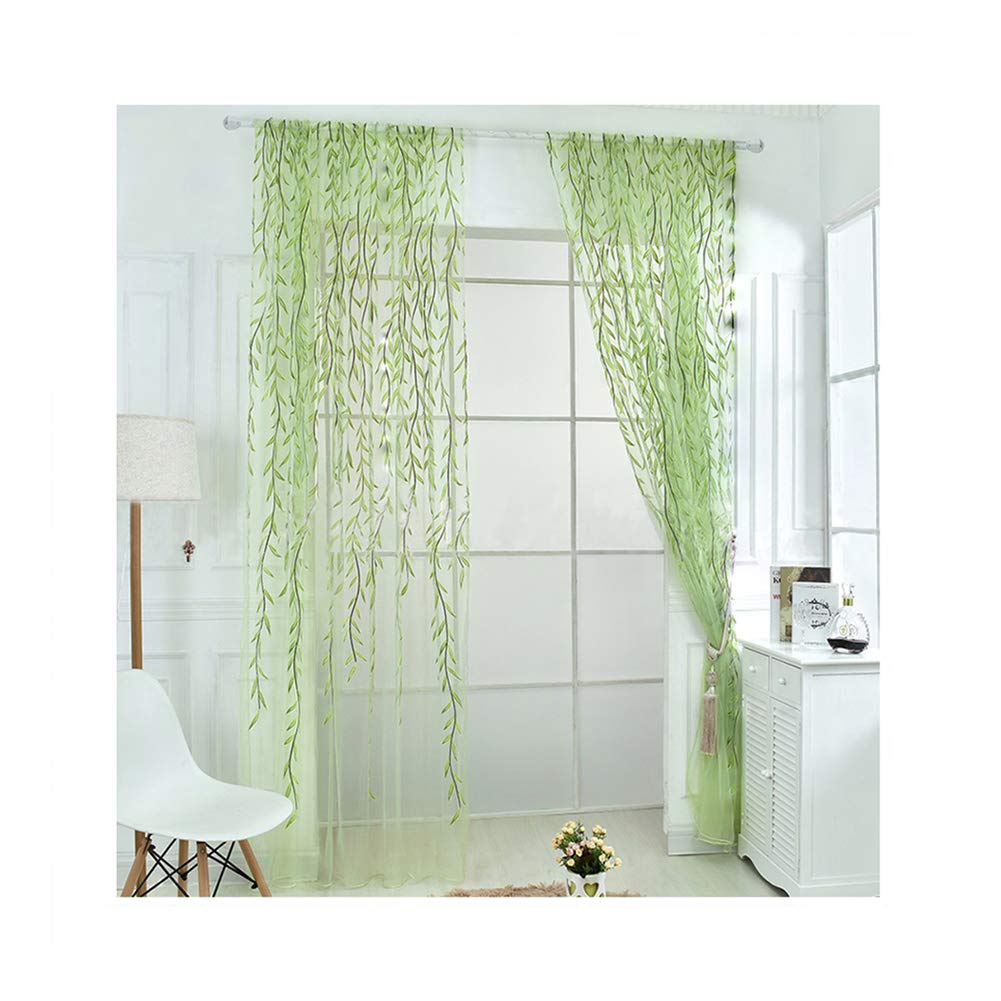 Ufurty 2pcs Willow Leaf Window Curtain Voile Tulle Vine Sheer Curtains | Room Salix Leaf Sheer Gauze Panel Drapes Green Color for Living Room, Bedroom, Balcony