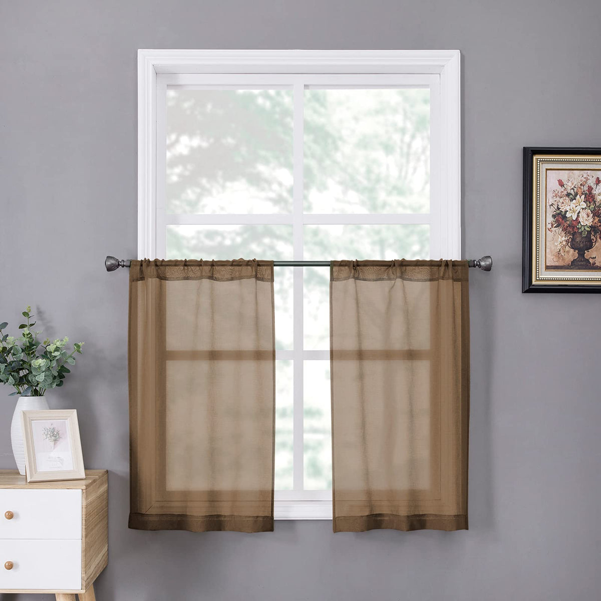 Tollpiz Sheer Curtains Living Room Linen Textured Curtain Sheers Light Filtering Voile Rod Pocket Curtains for Bedroom, 38 x 63 inches Long, White, Set of 2 Panels