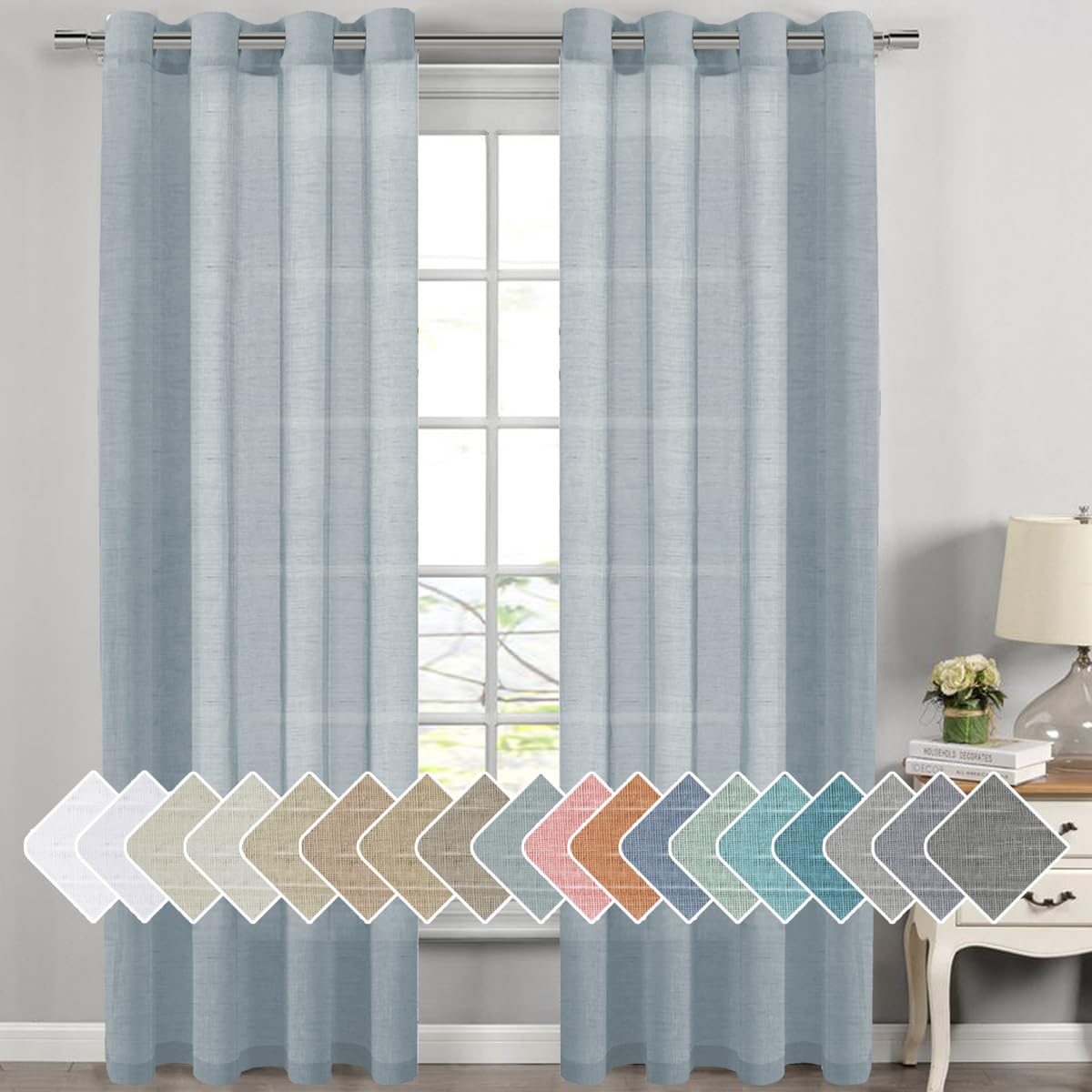 H.VERSAILTEX Natural Linen Sheer Curtains Flax Linen Blended Curtain Panels Living Room, Nickel Grommet Semitransparent Semi-Sheer Soft Privacy Drapes, Natural, 84 inches Long 2 Panels