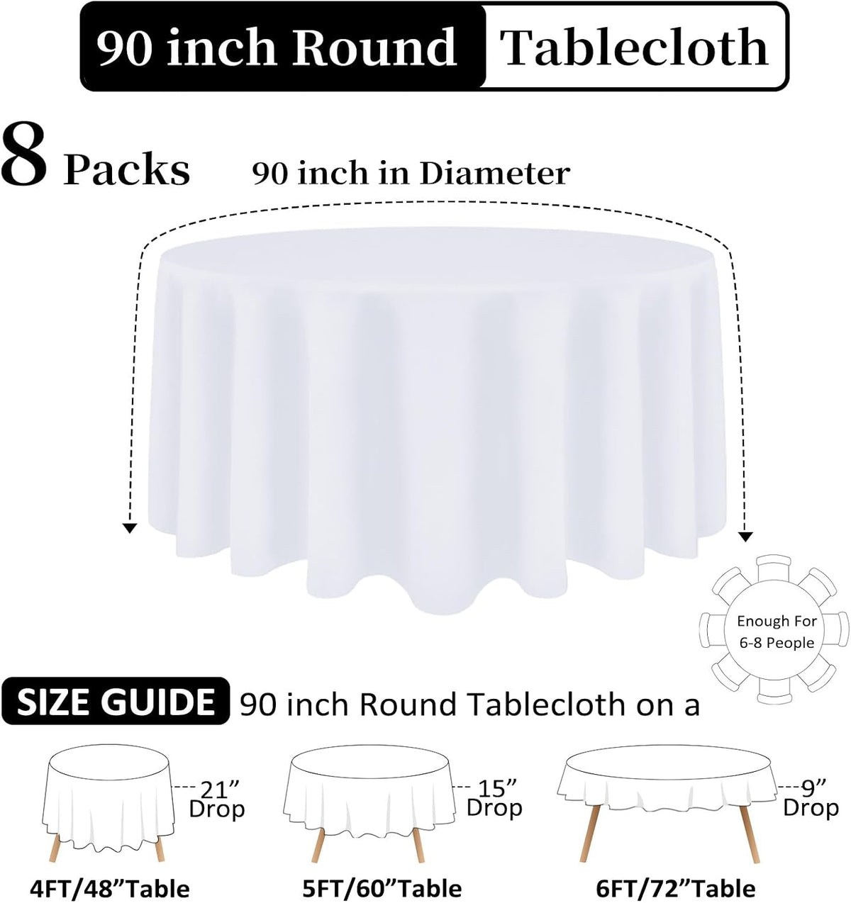 8 Packs 90 Inch White Round Tablecloth | Polyester Fabric, Wrinkle Resistant, For 3Ft-5Ft Round Table, Reusable, Washable Table Cloth, For Buffet Wedding Banquet