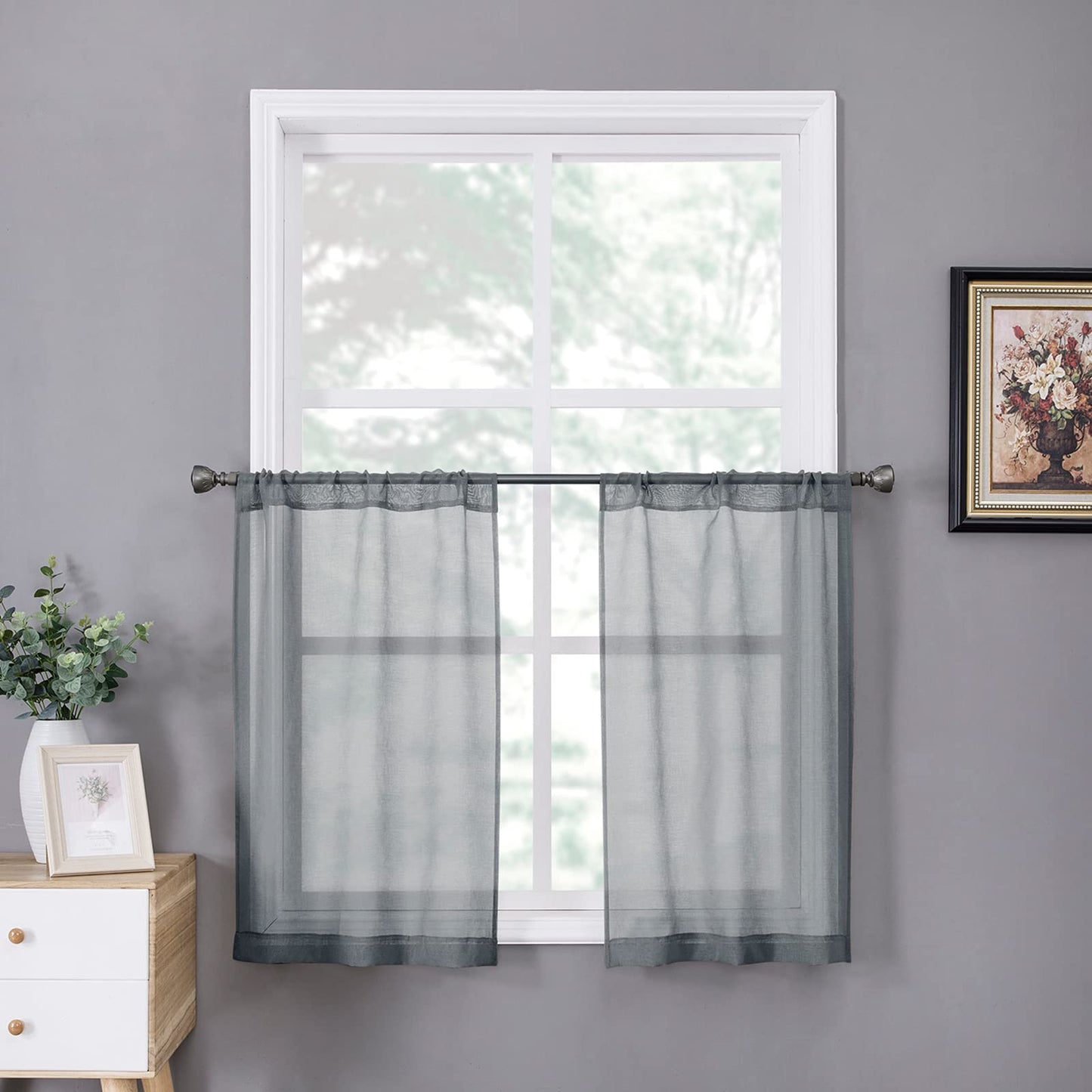 Tollpiz Sheer Curtains Living Room Linen Textured Curtain Sheers Light Filtering Voile Rod Pocket Curtains for Bedroom, 38 x 63 inches Long, White, Set of 2 Panels
