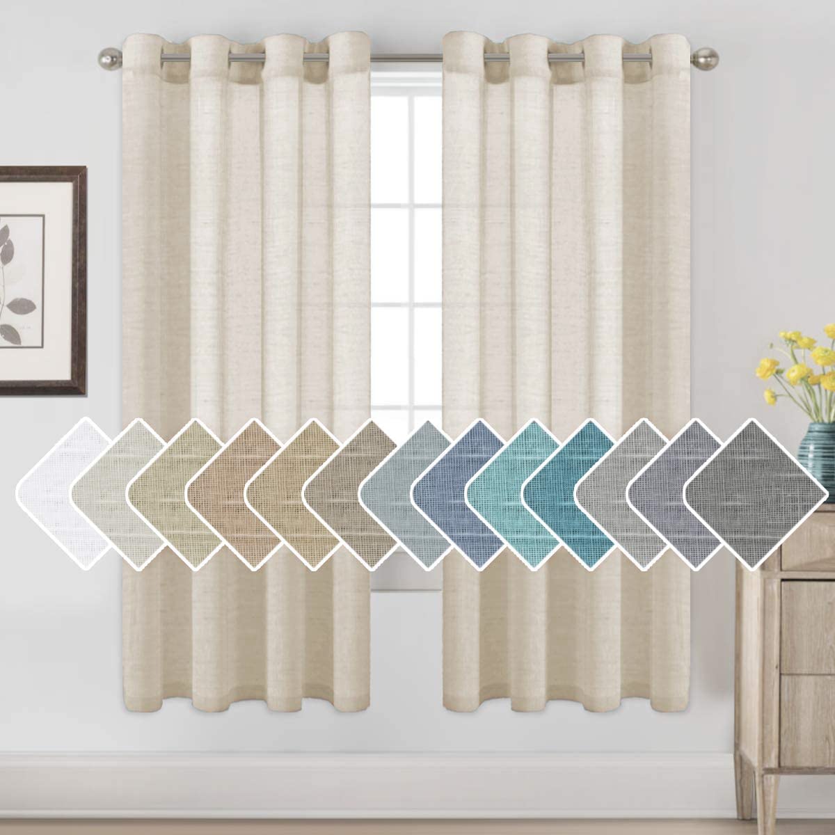 H.VERSAILTEX Natural Linen Sheer Curtains Flax Linen Blended Curtain Panels Living Room, Nickel Grommet Semitransparent Semi-Sheer Soft Privacy Drapes, Natural, 84 inches Long 2 Panels
