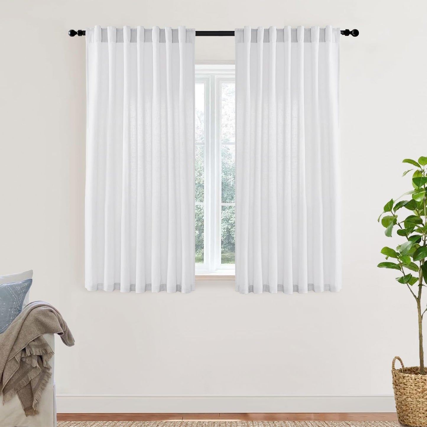 Linen Cotton Curtains for Living Room, Cream Off White Natural Fabric Light Filtering Semi Sheer Curtains 84 Inches Long, Ivory Pleated Farmhouse Curtain Drapes 84 Inch Length 2 Panels Set Dining Room