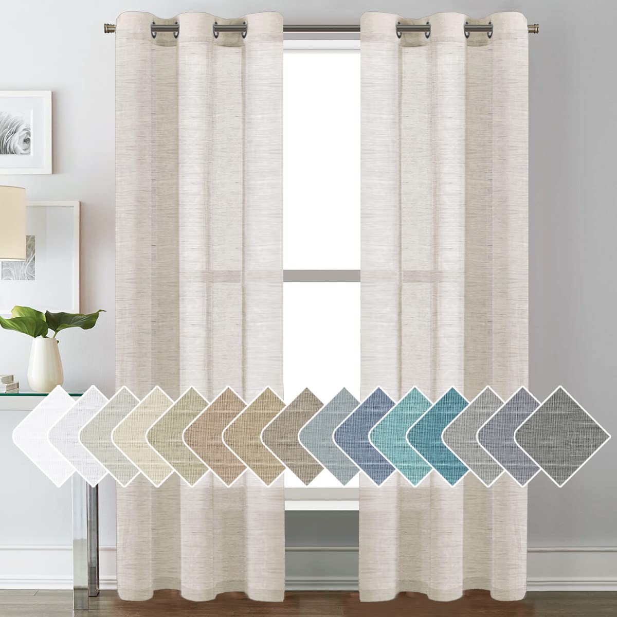 H.VERSAILTEX Natural Linen Sheer Curtains Flax Linen Blended Curtain Panels Living Room, Nickel Grommet Semitransparent Semi-Sheer Soft Privacy Drapes, Natural, 84 inches Long 2 Panels