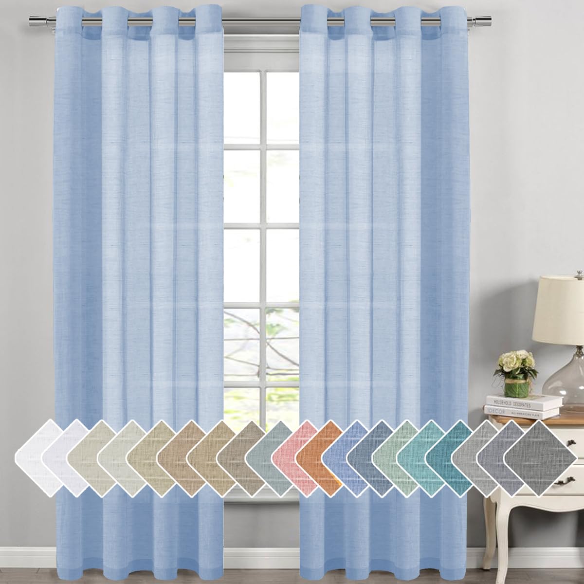 H.VERSAILTEX Natural Linen Sheer Curtains Flax Linen Blended Curtain Panels Living Room, Nickel Grommet Semitransparent Semi-Sheer Soft Privacy Drapes, Natural, 84 inches Long 2 Panels