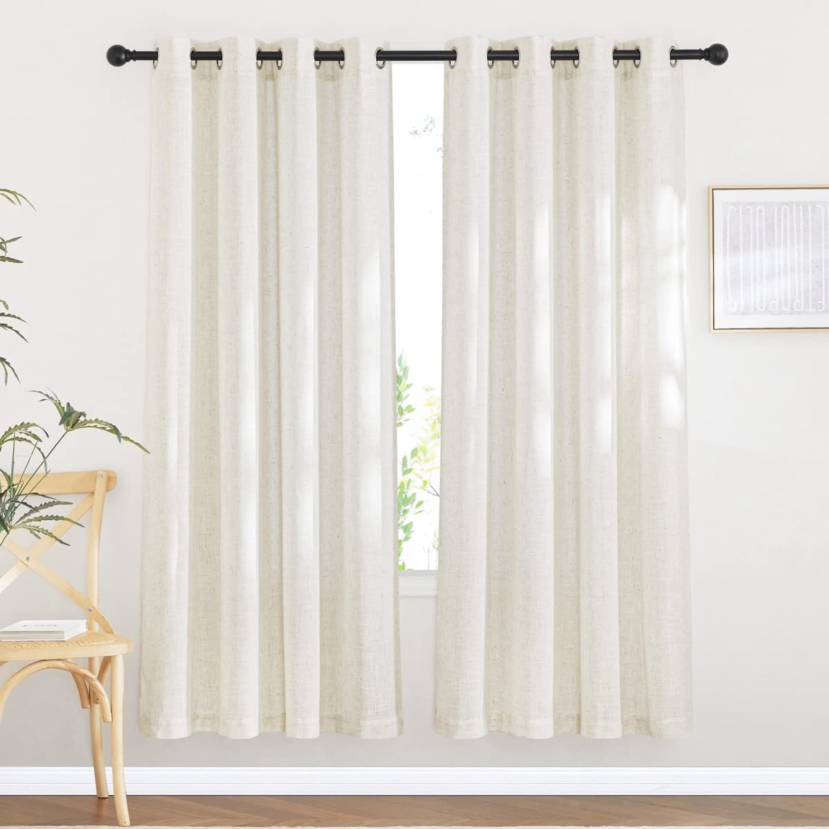 NICETOWN White Sheer Linen Curtains for Living Room 84 inch Length 2 Panels Set, Grommet Semi Sheer Privacy with Light Filtering Flax Window Treatments for Bedroom, W52 x L84