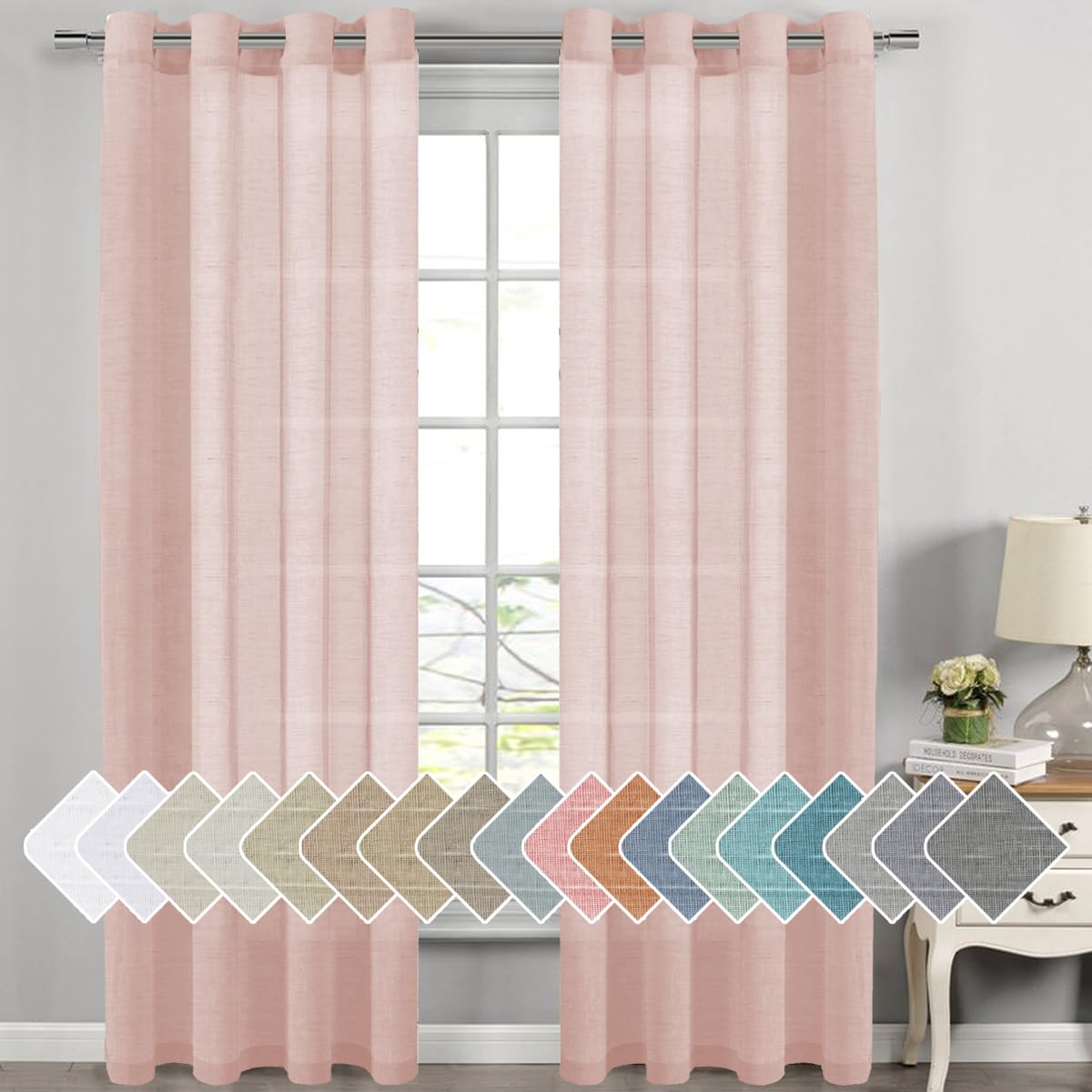 H.VERSAILTEX Natural Linen Sheer Curtains Flax Linen Blended Curtain Panels Living Room, Nickel Grommet Semitransparent Semi-Sheer Soft Privacy Drapes, Natural, 84 inches Long 2 Panels