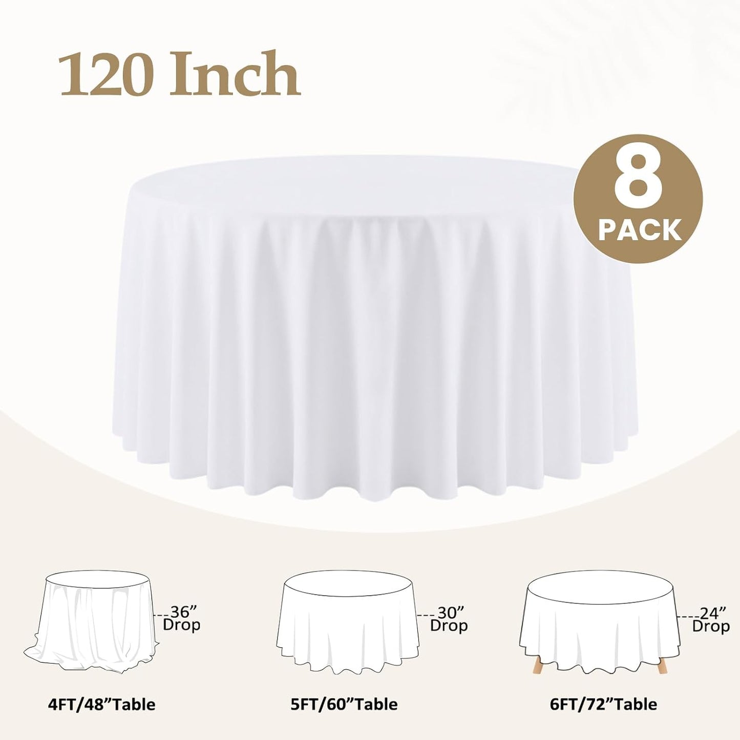 120 Inch White Round Tablecloth, 8 Pack | Wrinkle Resistant, For 4Ft-7Ft Round Table, Polyester Fabric, Washable Table Cloth, For Dining Wedding Party Buffet