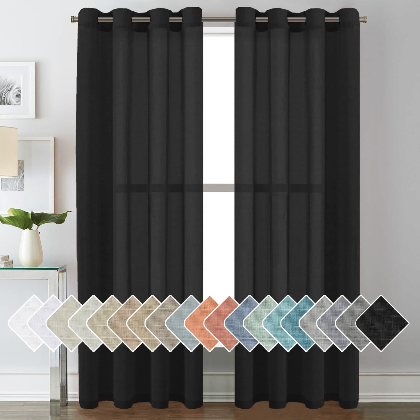 H.VERSAILTEX Natural Linen Sheer Curtains Flax Linen Blended Curtain Panels Living Room, Nickel Grommet Semitransparent Semi-Sheer Soft Privacy Drapes, Natural, 84 inches Long 2 Panels