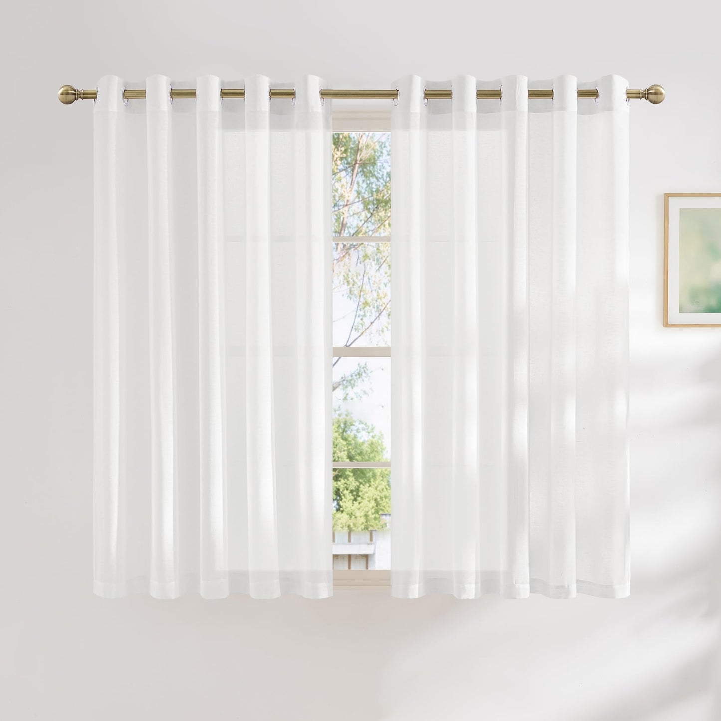 NICETOWN White Sheer Linen Curtains for Living Room 84 inch Length 2 Panels Set, Grommet Semi Sheer Privacy with Light Filtering Flax Window Treatments for Bedroom, W52 x L84