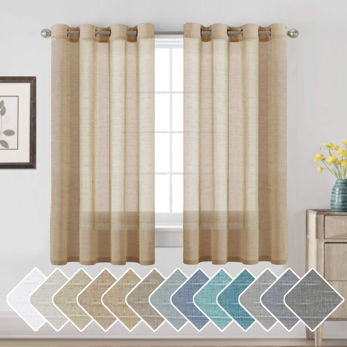 H.VERSAILTEX Natural Linen Sheer Curtains Flax Linen Blended Curtain Panels Living Room, Nickel Grommet Semitransparent Semi-Sheer Soft Privacy Drapes, Natural, 84 inches Long 2 Panels