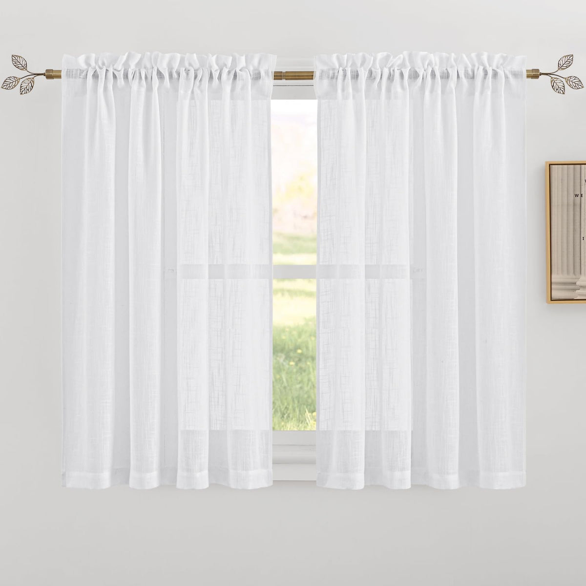 RYB HOME White Semi Sheer Curtains 84 inches Long for Living Room | Half Privacy, Linen Textured, Sheer Light Filtering, Vertical Window Drapes, for Bedroom Dining, White, W52 x L84, 2 Panels