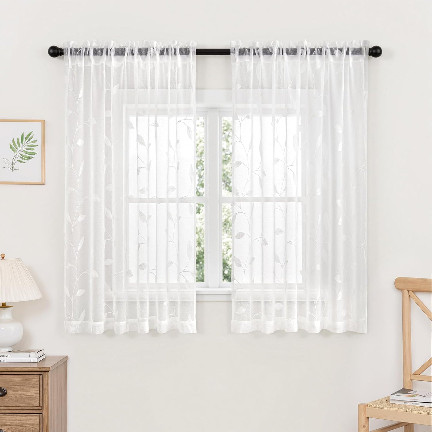 MIULEE Sage Green Sheer Curtains 2 Panels Leaf Patterned, W52 x L84 | Embroidered Floral Semi Sheer,Rod Pocket,Faux Linen,Short Window Curtains Drapes Set for Kitchen/Bathroom/Cafe