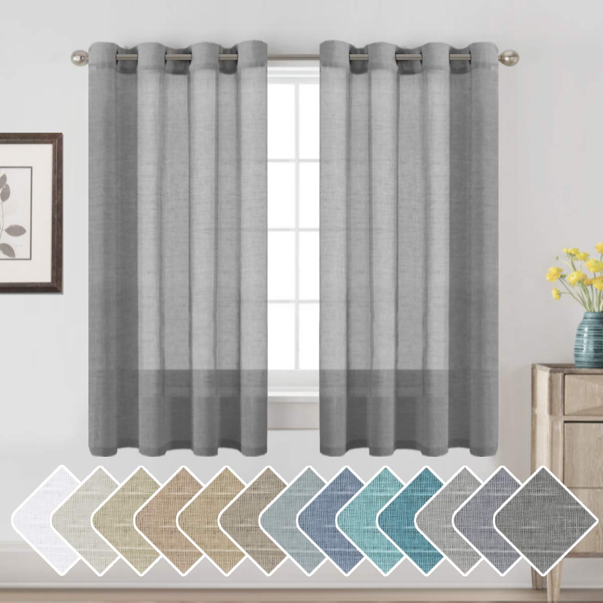H.VERSAILTEX Natural Linen Sheer Curtains Flax Linen Blended Curtain Panels Living Room, Nickel Grommet Semitransparent Semi-Sheer Soft Privacy Drapes, Natural, 84 inches Long 2 Panels