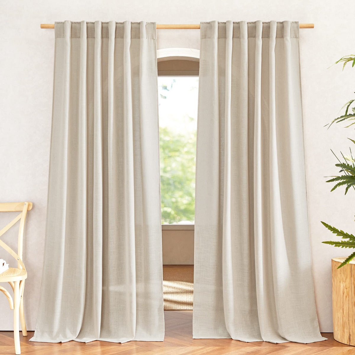 NICETOWN Flax Linen Curtains 84 inch Long, Rod Pocket & Back Tab Semi Sheer Vertical Drapes Privacy Added with Light Filtering for Bedroom/Living Room, Burlap, W52 x L84, 2 Pieces