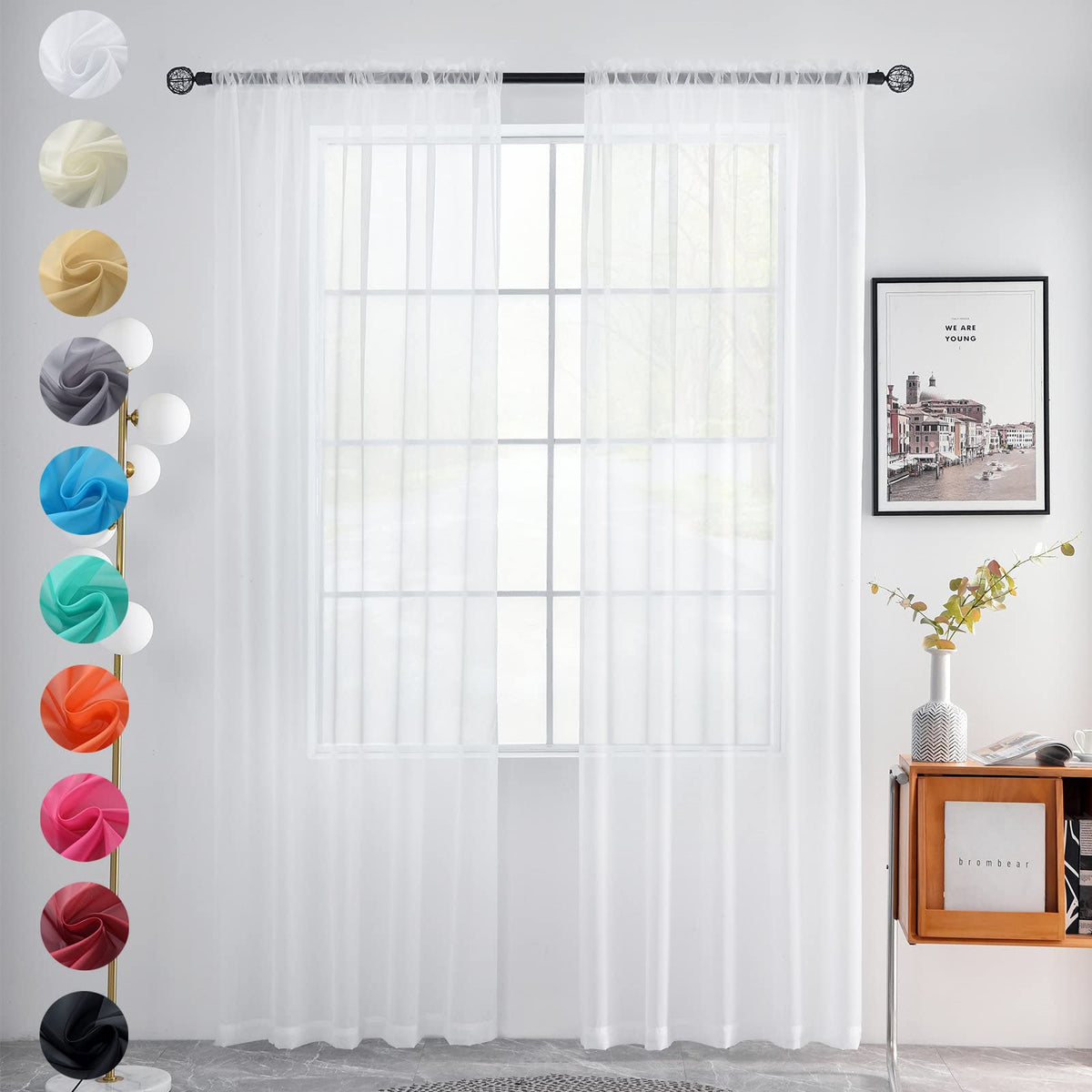 youleyar Solid Sheer Rod Pocket Curtain Voile Draperies 2 Panels White Beige Black Grey Coffee 52 Inch Width 84 Inch Long 1 Pair for Kitchen Bedroom Children Living Room Yard (Ivory,52W ｘ 84L)