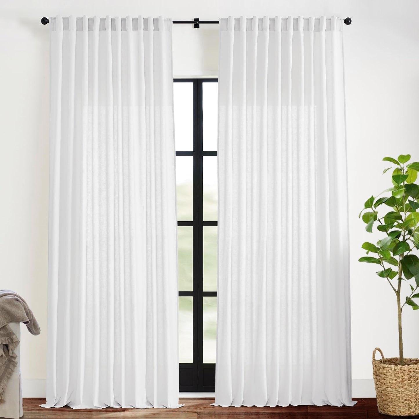 Linen Cotton Curtains for Living Room, Cream Off White Natural Fabric Light Filtering Semi Sheer Curtains 84 Inches Long, Ivory Pleated Farmhouse Curtain Drapes 84 Inch Length 2 Panels Set Dining Room