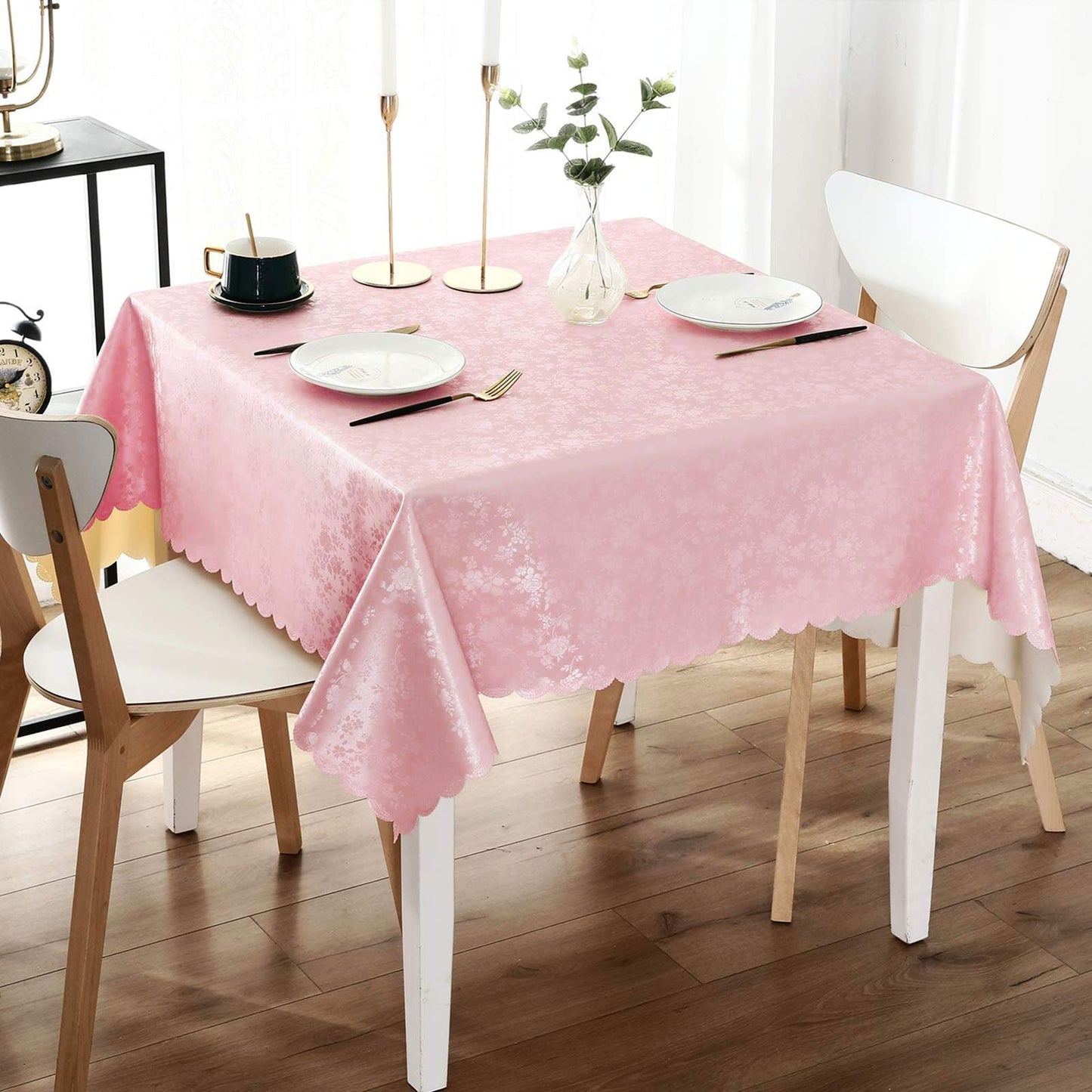 Smiry Rectangle Waterproof Heavy Duty Vinyl Tablecloths, 60 x 84 Inch | Wipeable Washable Floral Embossed Table Cover for Kitchen and Dining Room, Indoor & Outdoor Use, Beige