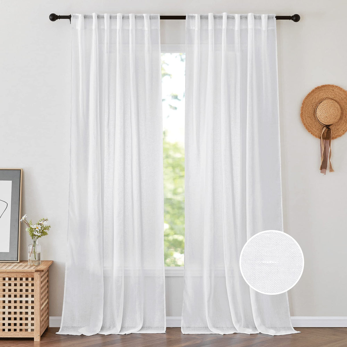 PONY DANCE White Sheer Curtains 96 inches Long, 2 Panels | Floor to Ceiling Curtains Living Room Window Treatments Natural Linen Blended Sheer Drapes for Bedroom, 52 Wide x 96 Long