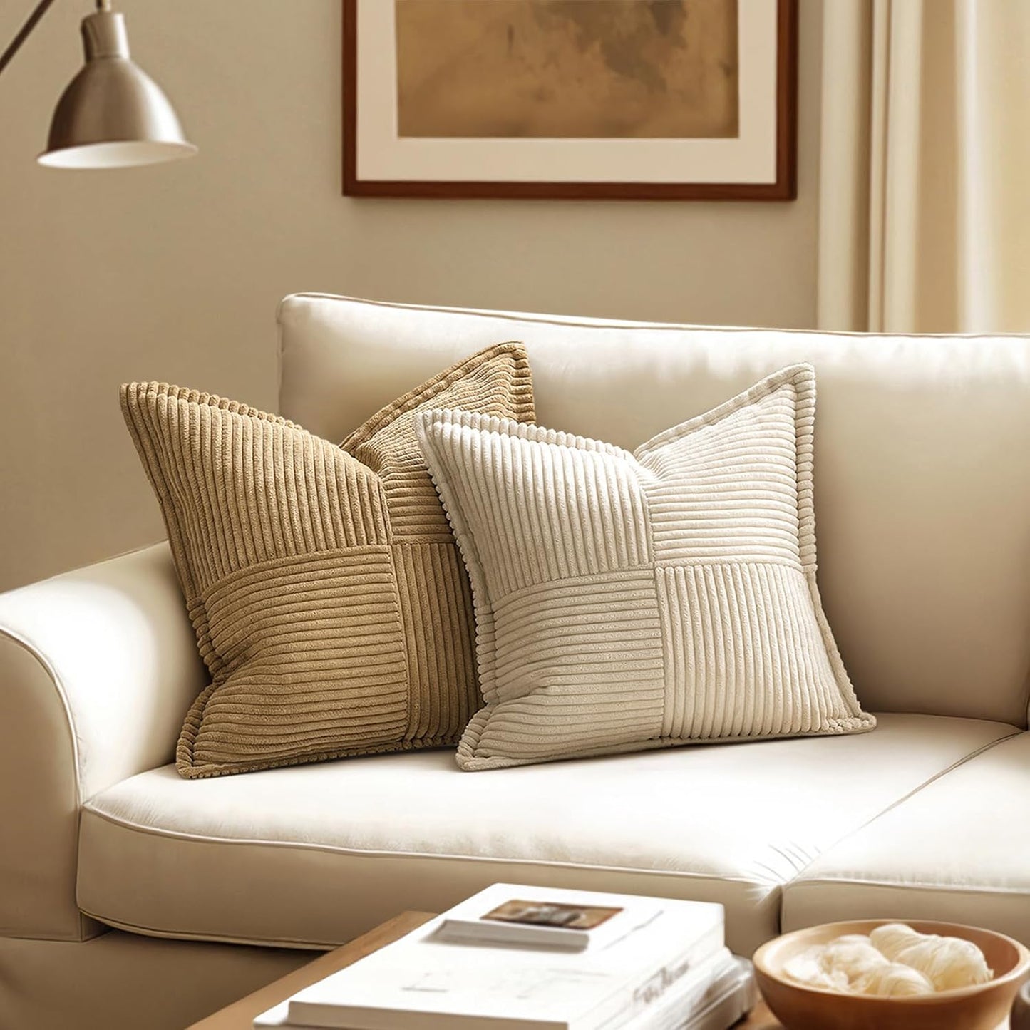 MIULEE Decorative Throw Pillow Covers for Couch 18x18 Inch Beige 2 Pack | Boho Broadside Striped Patchwork Pillow Covers, Soft Corduroy Cushion Cases, For Sofa Bed Livingroom Home Decor