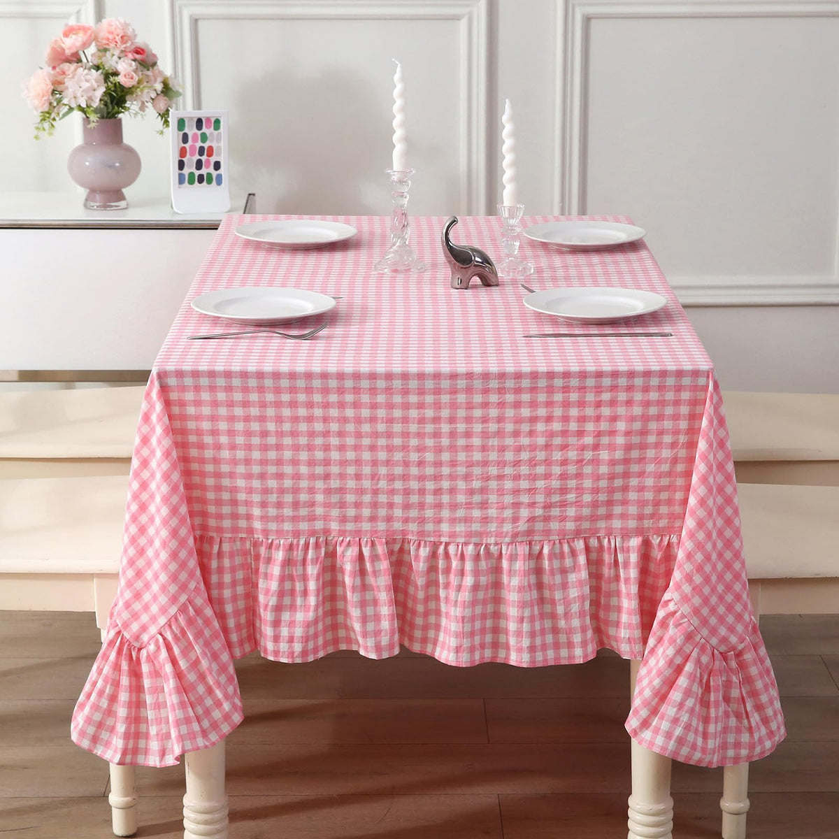 Blush White Gingham Ruffled Table Cloth Rectangular 120“x60” | 100% Washed Cotton, for Seat 8-10, Buffet Picnic Baby Shower Party Tablecloth, Decorative Checker Plaid Farmhouse Table Cover