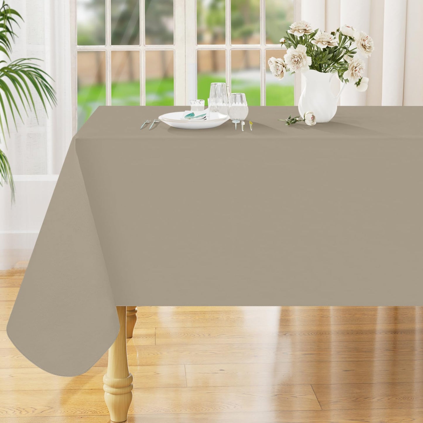 Smiry Rectangle Table Cloth 60x84 Inch, Waterproof Wipeable Vinyl Tablecloths Protector, Oil Spill Proof Plastic Table Cover for Dining, Picnic, Camping, Outdoor, Beige