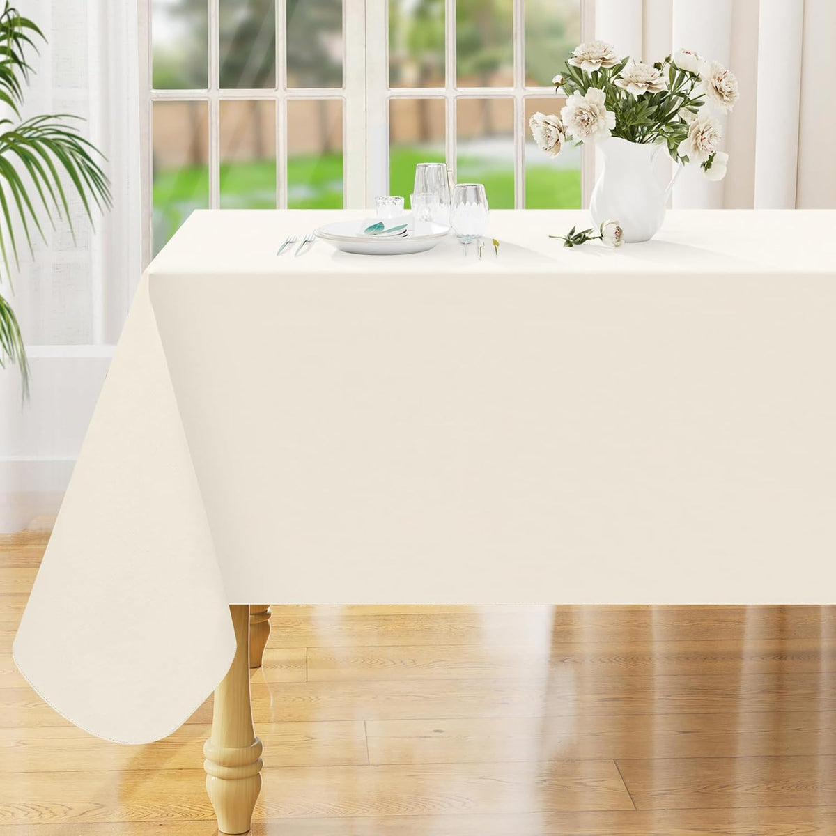 Smiry Rectangle Table Cloth 60x84 Inch, Waterproof Wipeable Vinyl Tablecloths Protector, Oil Spill Proof Plastic Table Cover for Dining, Picnic, Camping, Outdoor, Beige