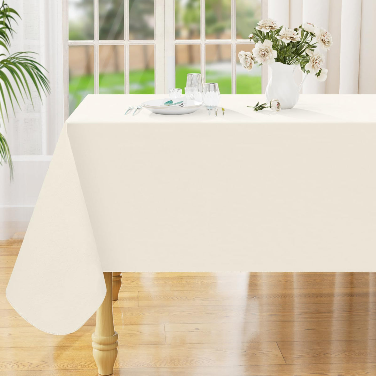 Smiry Rectangle Table Cloth 60x84 Inch, Waterproof Wipeable Vinyl Tablecloths Protector, Oil Spill Proof Plastic Table Cover for Dining, Picnic, Camping, Outdoor, Beige