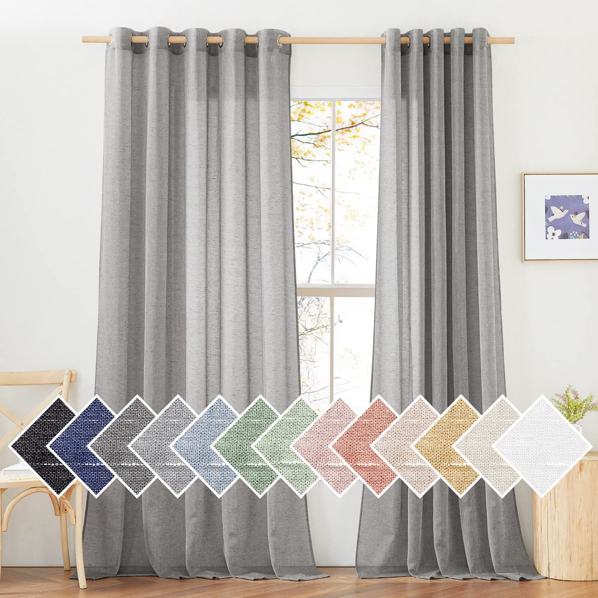 NICETOWN White Sheer Linen Curtains for Living Room 84 inch Length 2 Panels Set, Grommet Semi Sheer Privacy with Light Filtering Flax Window Treatments for Bedroom, W52 x L84
