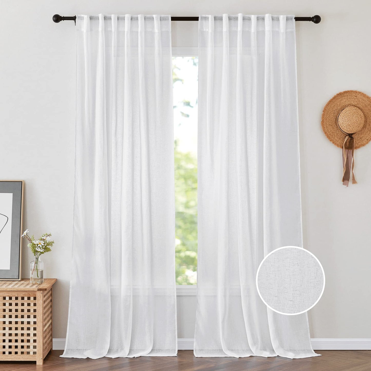 PONY DANCE White Sheer Curtains 96 inches Long, 2 Panels | Floor to Ceiling Curtains Living Room Window Treatments Natural Linen Blended Sheer Drapes for Bedroom, 52 Wide x 96 Long