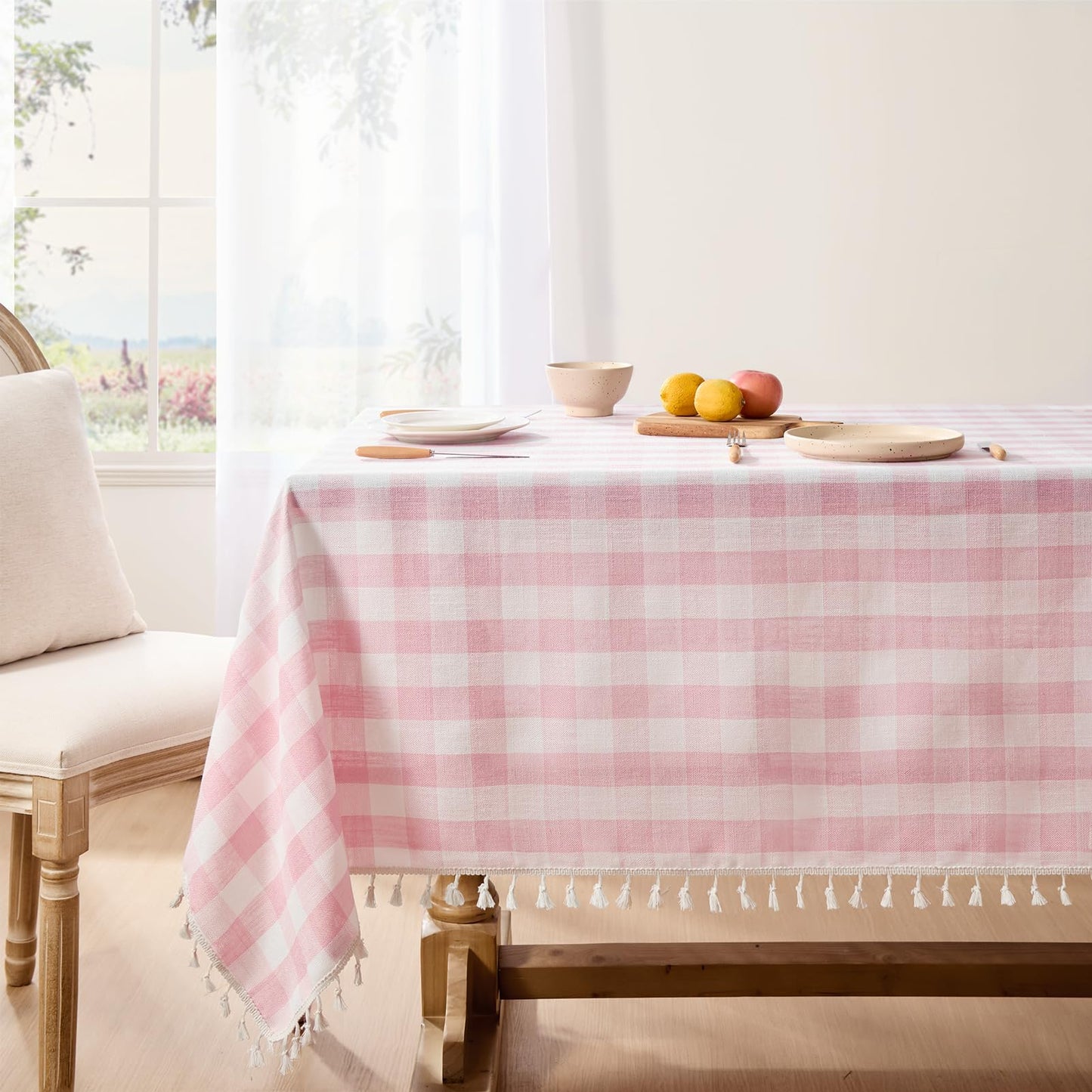 Softalker Outdoor Checkered Tablecloth, Linen Cotton Gingham Table Cloths for 6 Foot Rectangle Tables with Tassel, Heavy Duty Wrinkle Free Plaid Table Cover for Picnic Camping - 55 x 84 Inch, Sage
