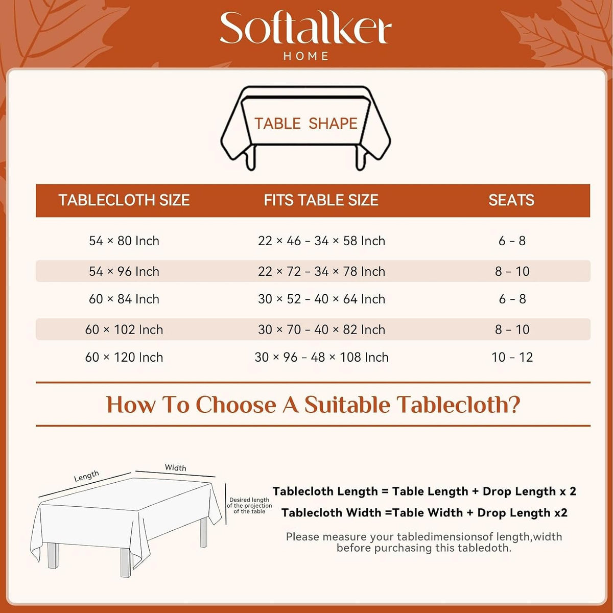 Softalker Fall Checkered Tablecloth Rectangle - Orange Buffalo Plaid Linen Cotton Gingham Thanksgiving Flannel Table Cloth, Autumn Farmhouse Table Cover for Dining Party Holiday Decor, 54 x 80 Inch