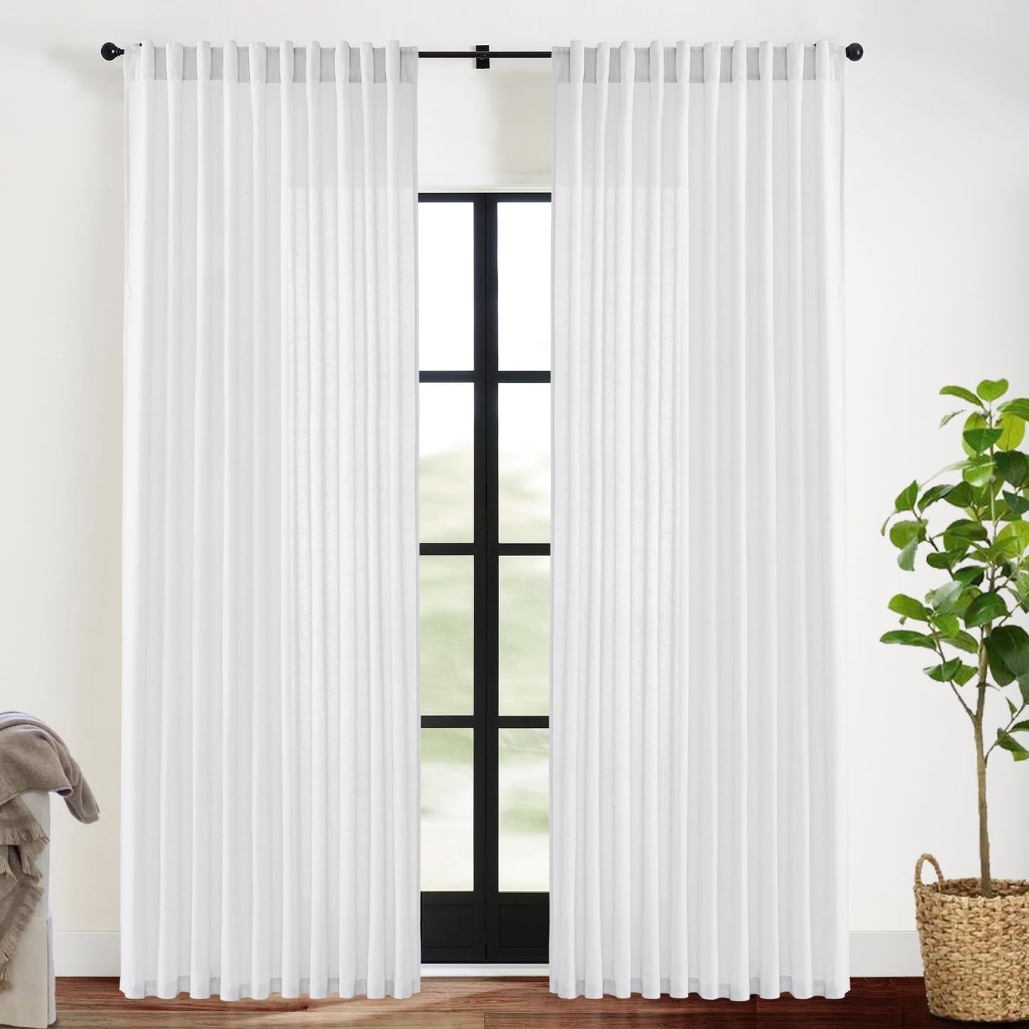 Linen Cotton Curtains for Living Room, Cream Off White Natural Fabric Light Filtering Semi Sheer Curtains 84 Inches Long, Ivory Pleated Farmhouse Curtain Drapes 84 Inch Length 2 Panels Set Dining Room